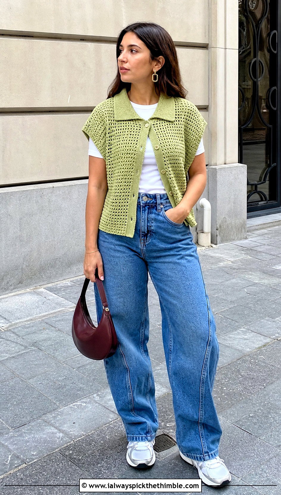 Oversized Collared Crochet Vest With Barrel Jeans - 20 oversize crochet vest outfit ideas