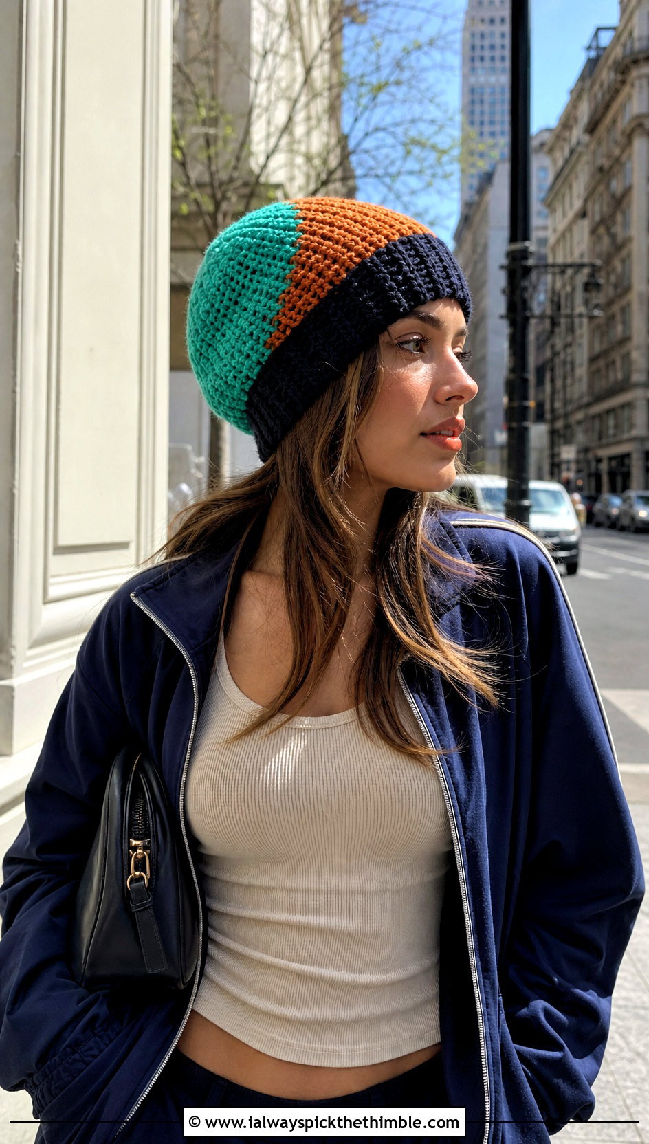 Oversized Color Block Crochet Beanie With Track Jacket And Jeans - 15 Oversized Crochet Beanie outfit ideas