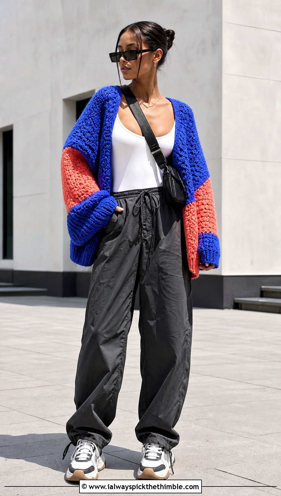 Oversized Color Block Crochet Cardigan With Parachute Pants - 25 oversized crochet cardigan outfit ideas