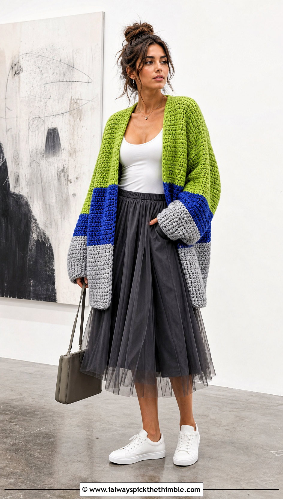 Oversized Color Block Crochet Cardigan With Tulle Midi Skirt - 20 oversized chunky crochet cardigan outfit ideas