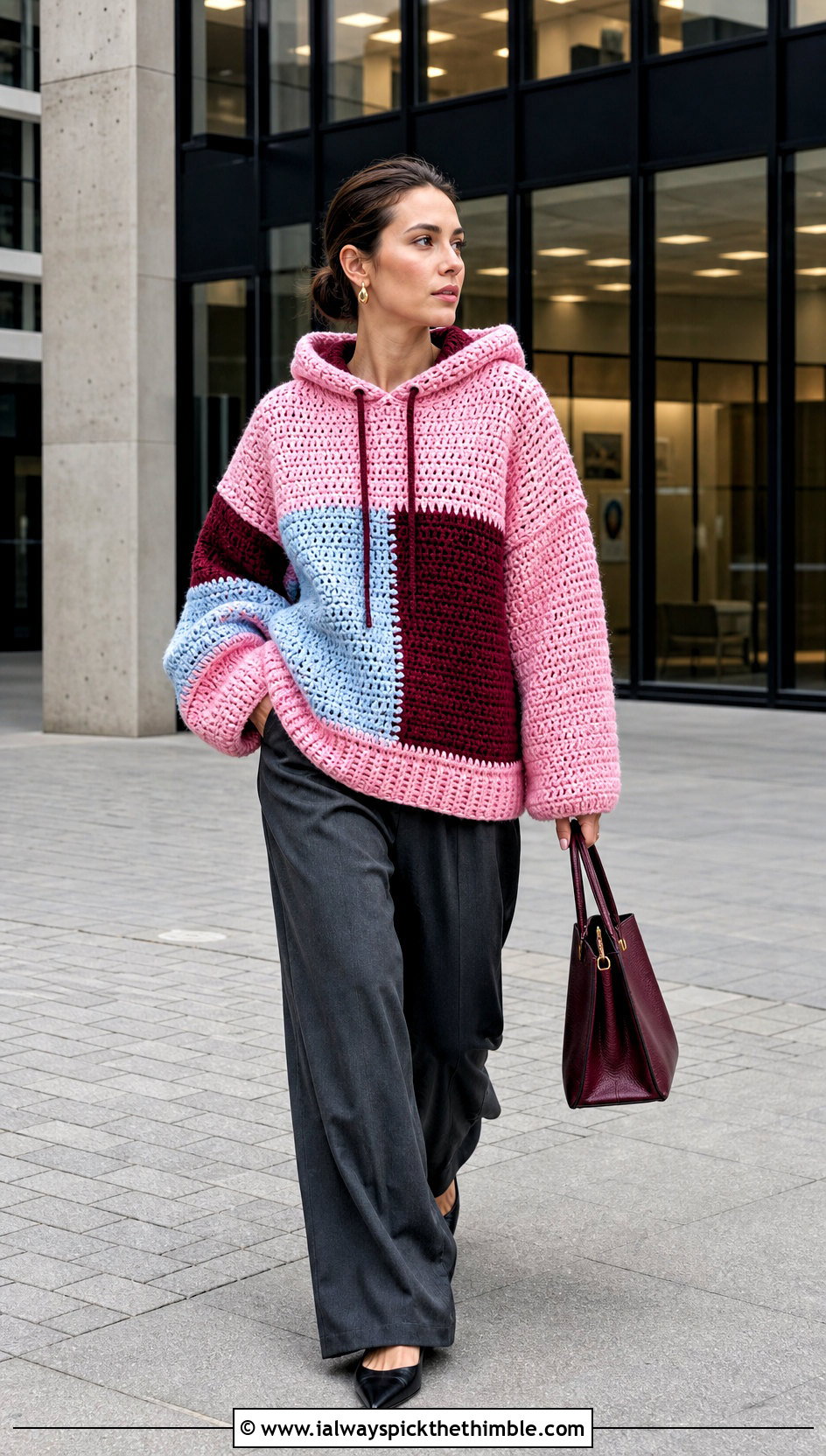 Oversized Color Block Crochet Hoodie With Wide Leg Trousers - 20 oversized crochet hoodie outfit ideas