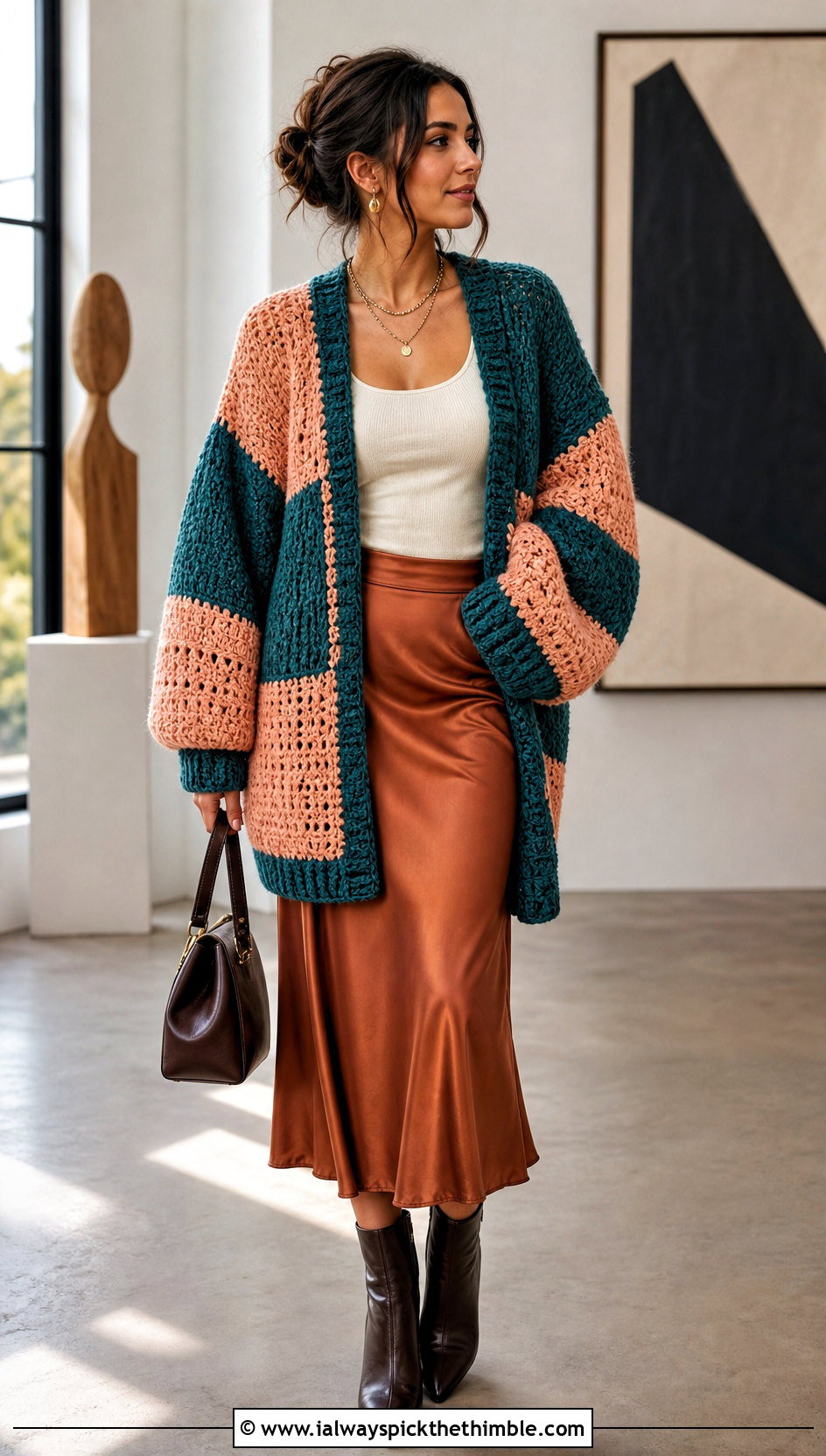 Oversized Color Block Patchwork Cardigan With Satin Slip Skirt - 20 crochet patch work cardigan outfit ideas