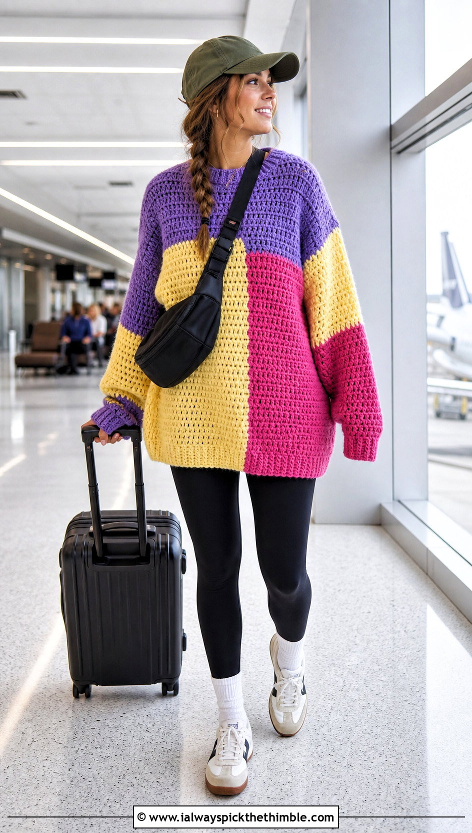 Oversized Color Block Patchwork Crochet Sweater With Leggings - 25 patchwork crochet sweater outfit ideas