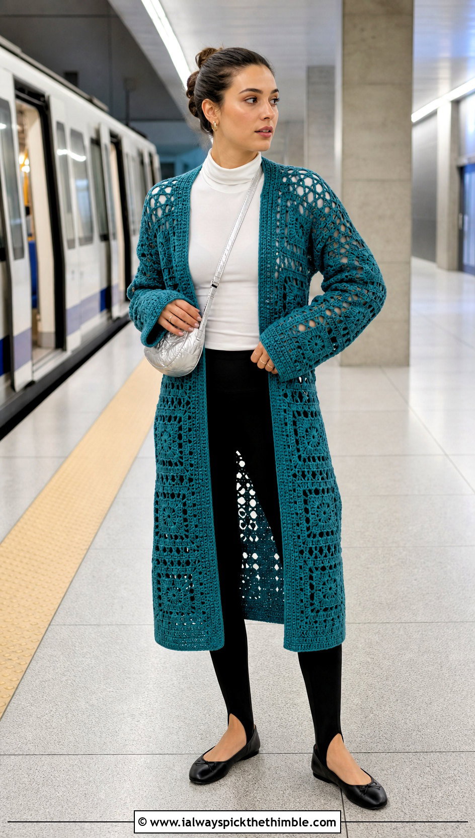 Oversized Continuous Granny Square Cardigan With Stirrup Leggings - 20 continuous granny square cardigan outfit ideas