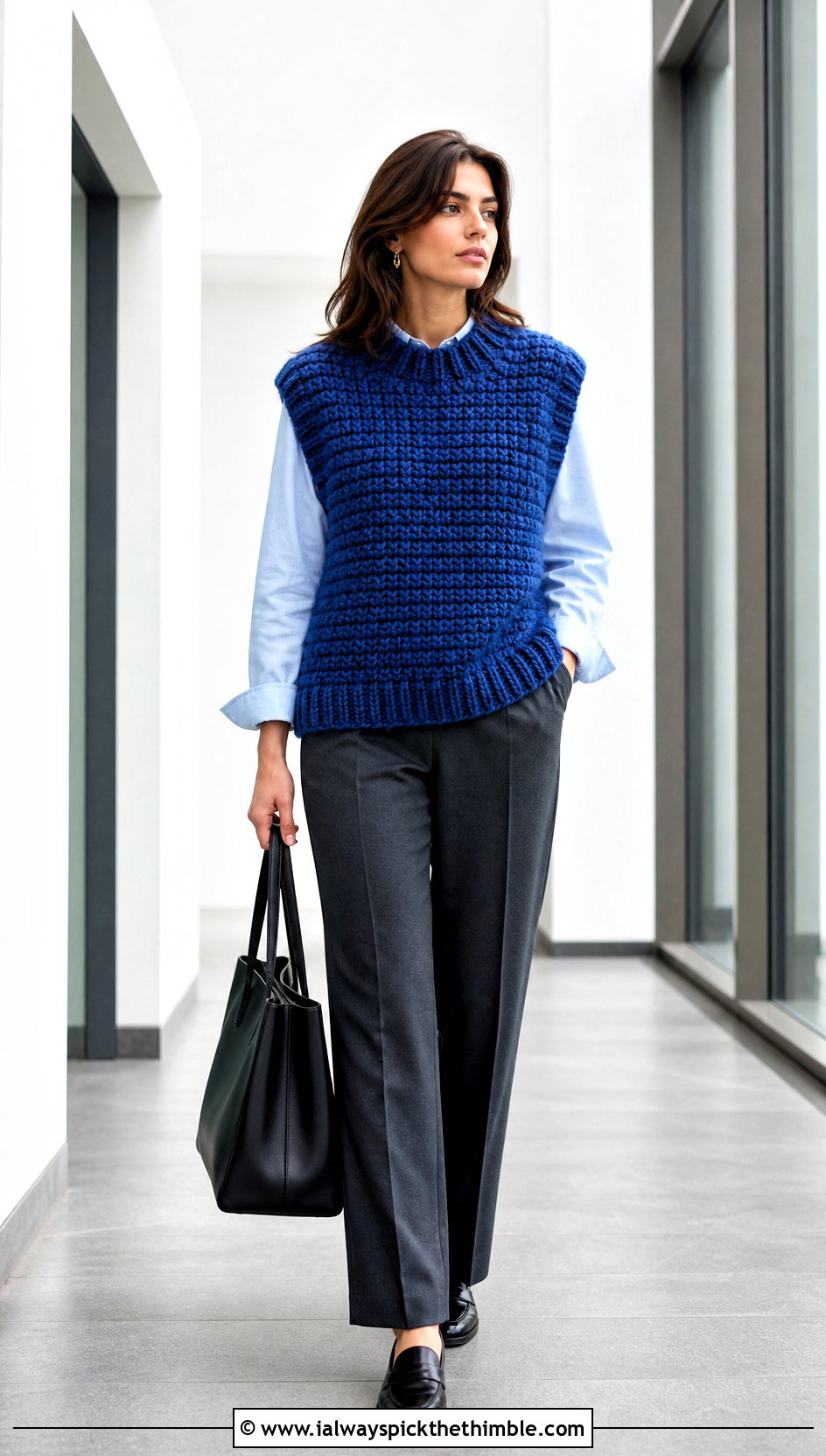 Oversized Crew Neck Chunky Crochet Vest With Tailored Trousers - 20 crochet chunky vest outfit ideas