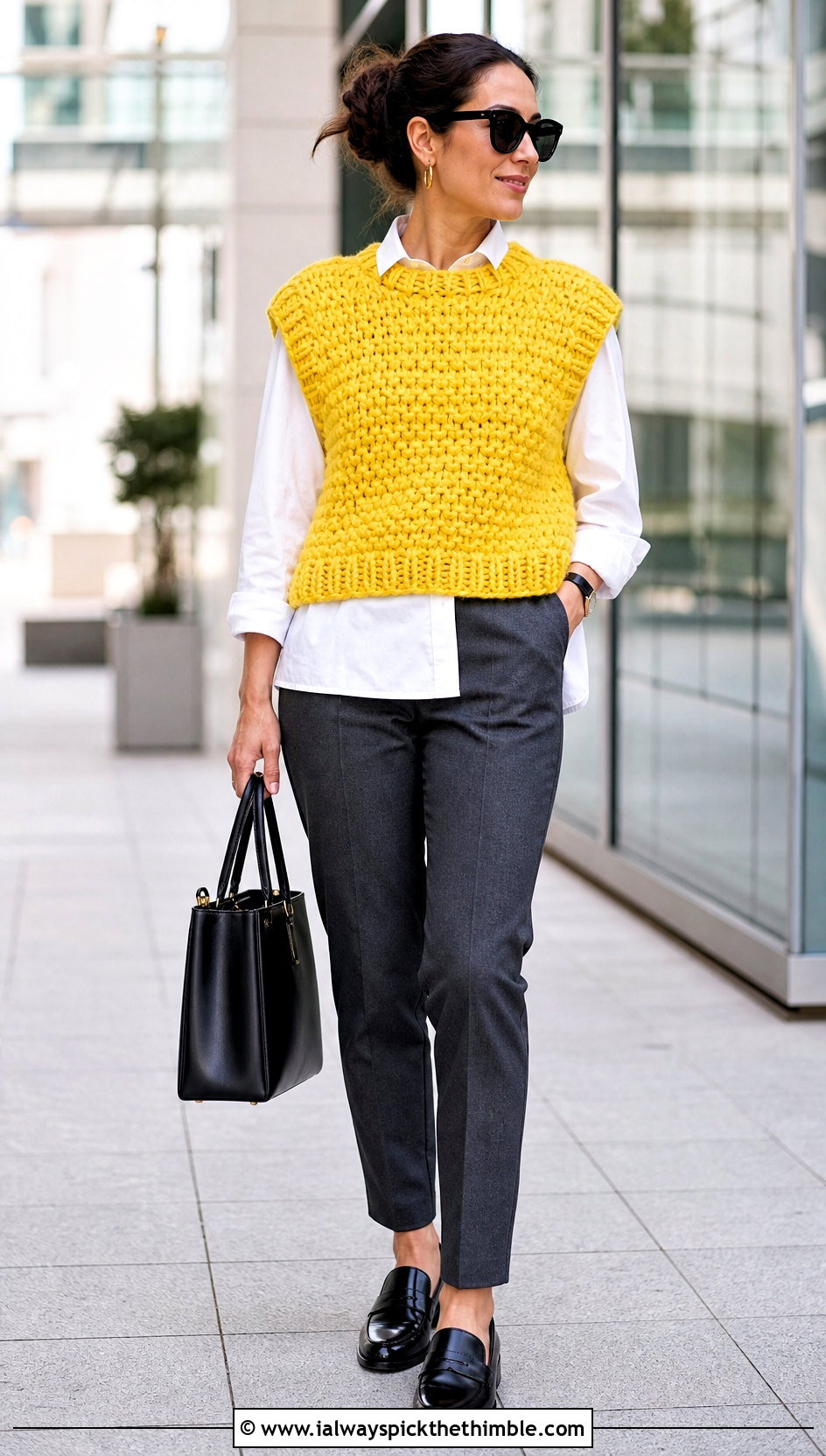 Oversized Crew Neck Chunky Yarn Crochet Vest With Tailored Trousers - 20 Chunky Yarn Crochet Vest outfit ideas