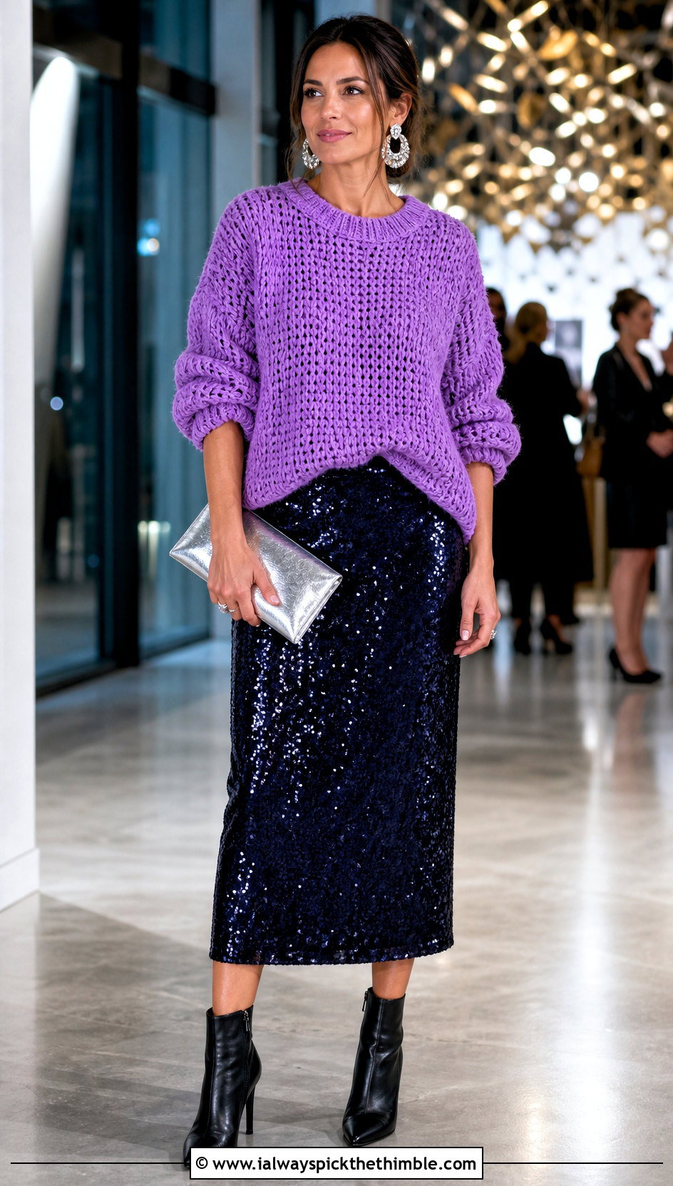 Oversized Crew Neck Crochet Sweater With Sequin Skirt - 20 chunky yarn crochet sweater outfit ideas