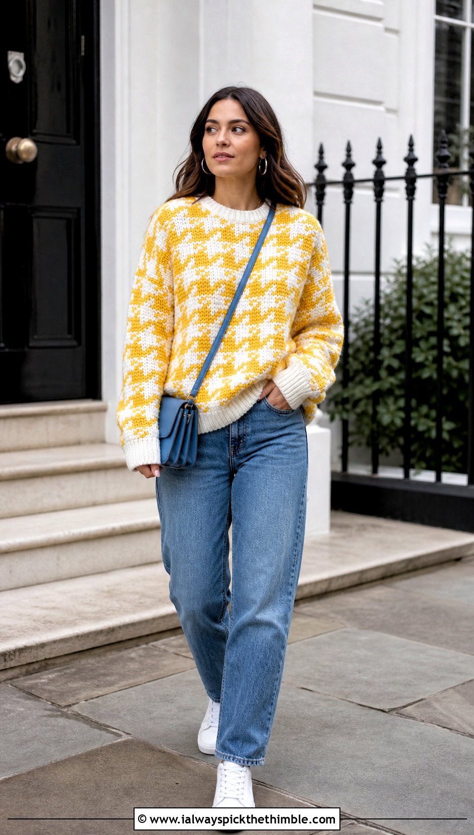 Oversized Crewneck Crochet Houndstooth Sweater With Straight Jeans - 25 crochet houndstooth sweater outfit ideas