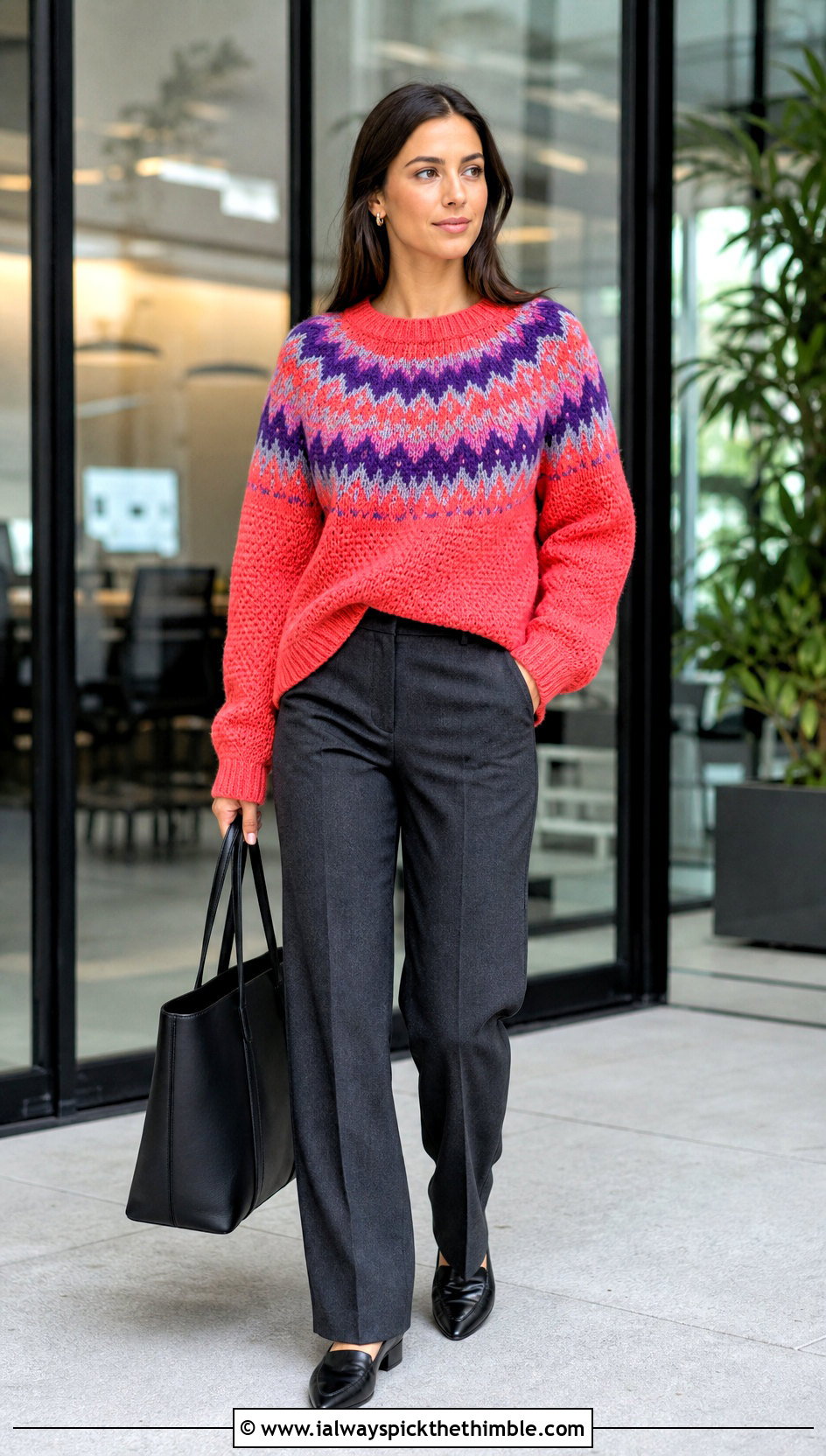 Oversized Crewneck Fair Isle Crochet Sweater With Suit Pants - 20 fair isle crochet sweater outfit ideas