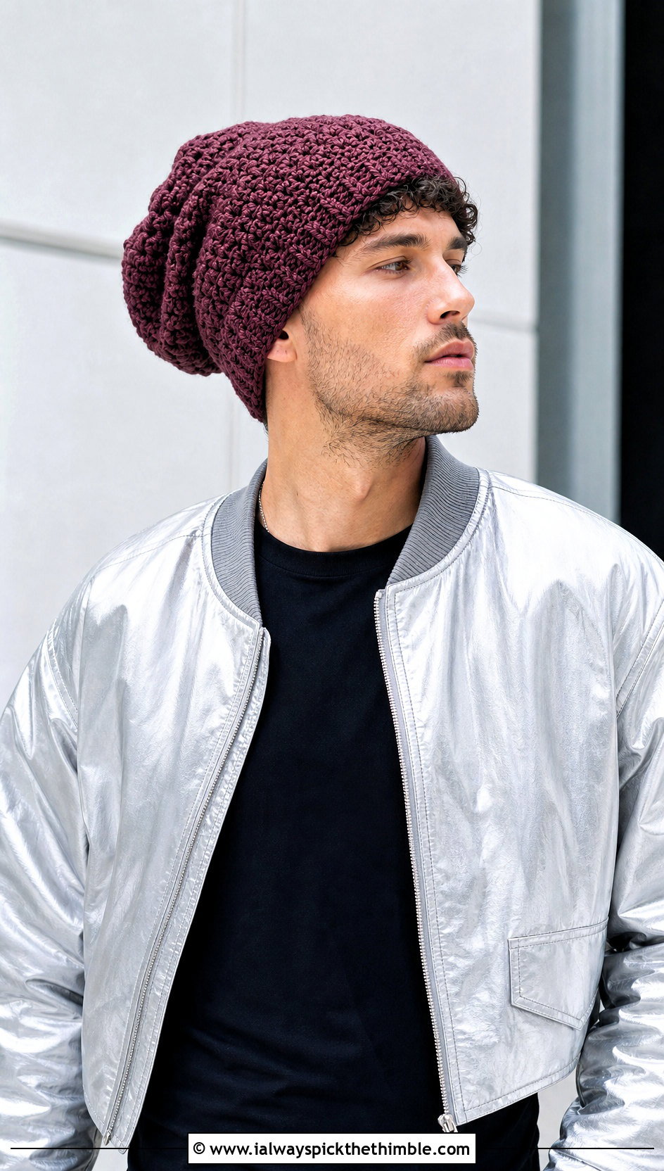 Oversized Crochet Beanie With Bomber Jacket - 25 mens crochet hat outfit ideas