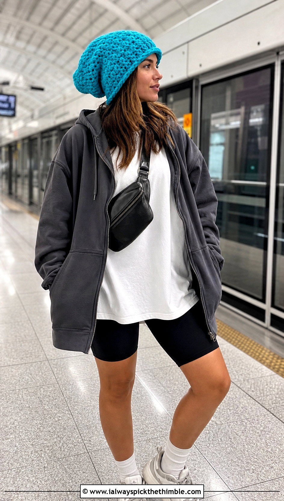 Oversized Crochet Beanie With Hoodie And Biker Shorts - 25 basic crochet beanie outfit ideas