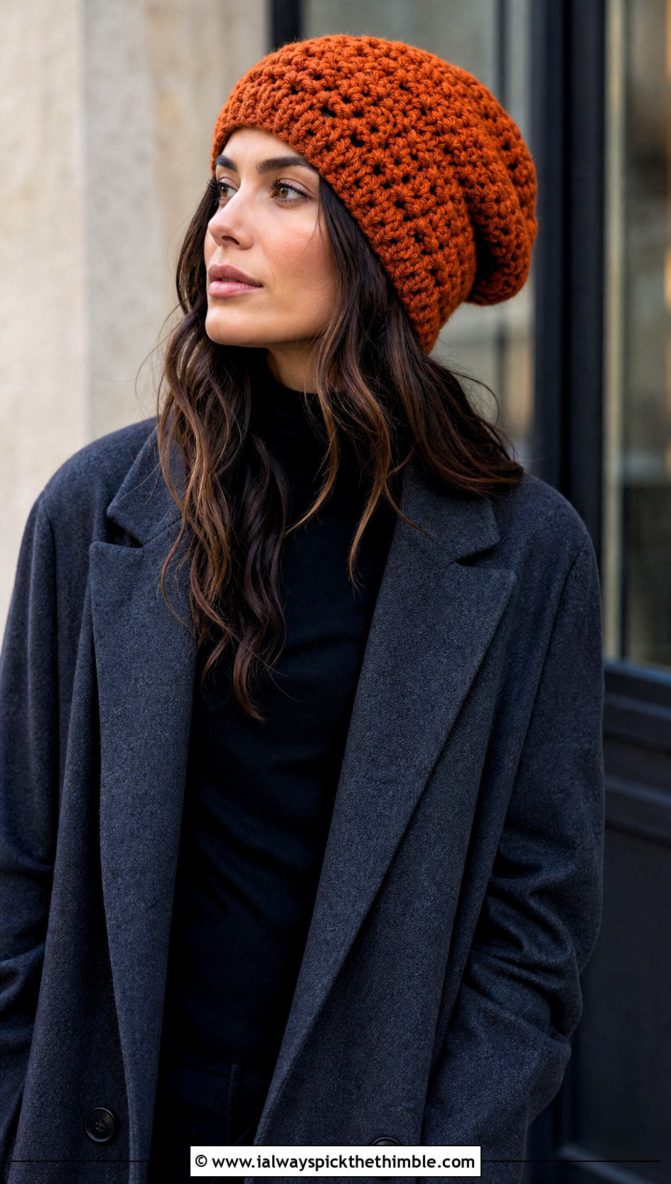 Oversized Crochet Beanie With Long Coat - 20 crochet fall beanie outfit ideas