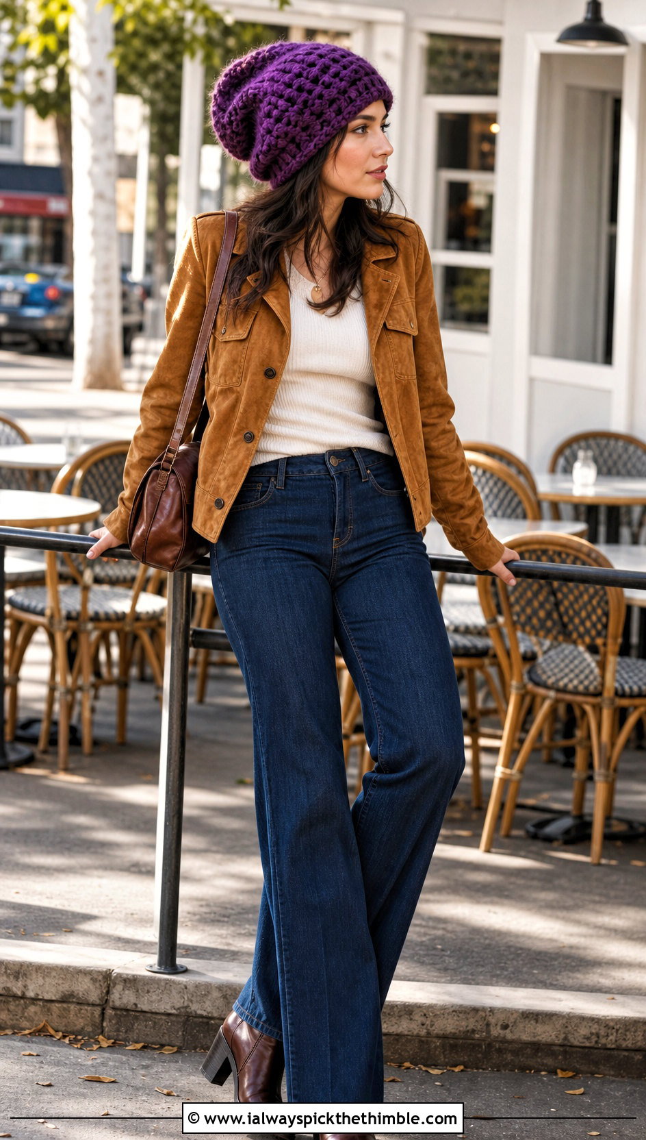 Oversized Crochet Beanie With Suede Jacket And Flare Jeans - 25 cute crochet beanie outfit ideas
