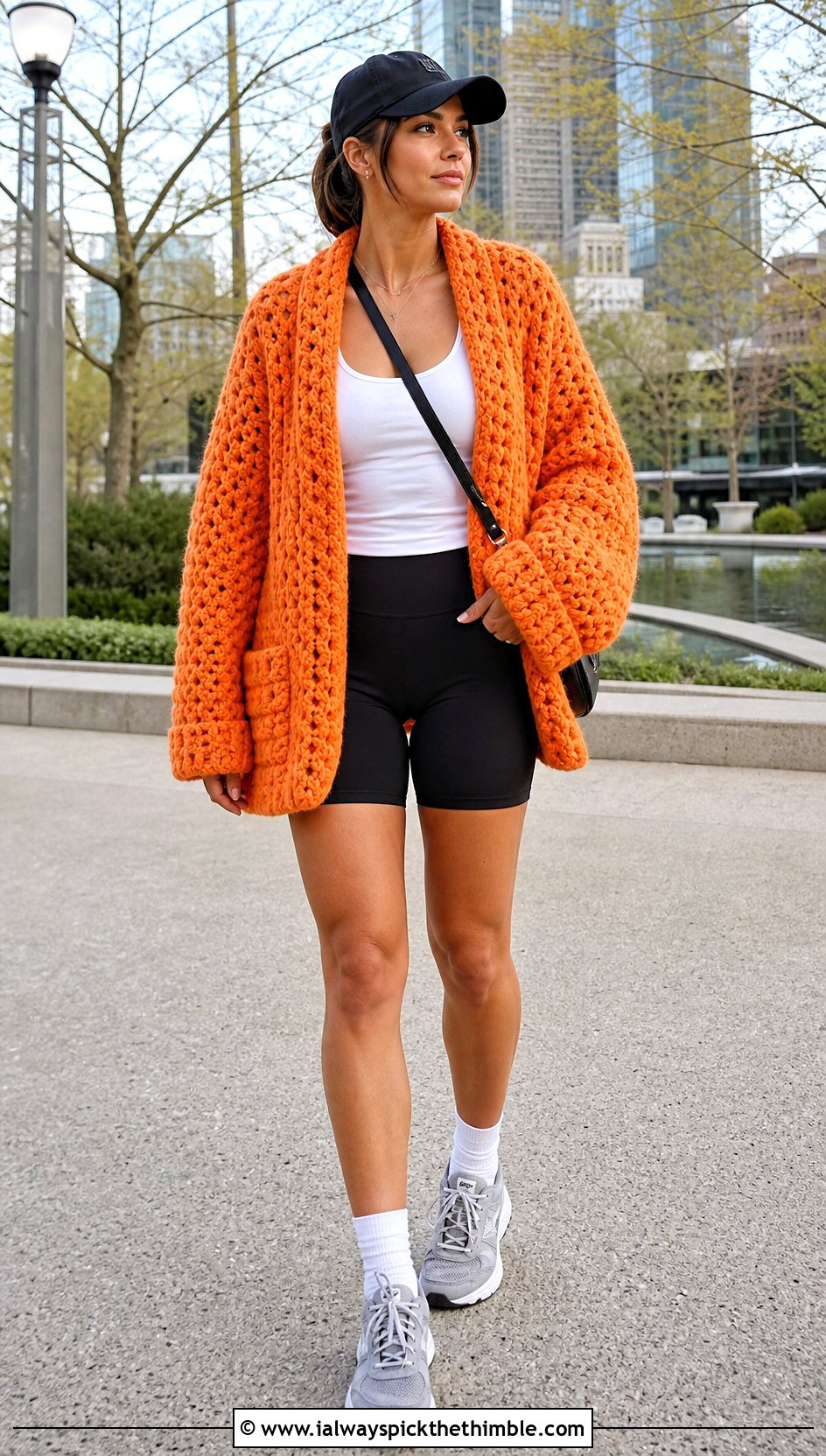 Oversized Crochet Blanket Jacket With Biker Shorts - 20 crochet blanket jacket outfit ideas