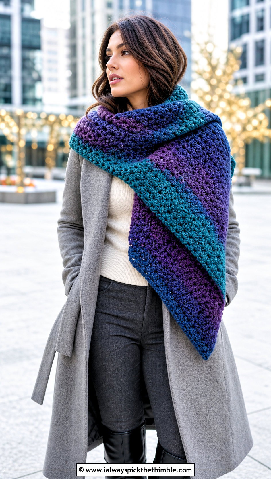 Oversized Crochet Blanket Scarf With Belted Coat - 25 fun crochet scarf outfit ideas