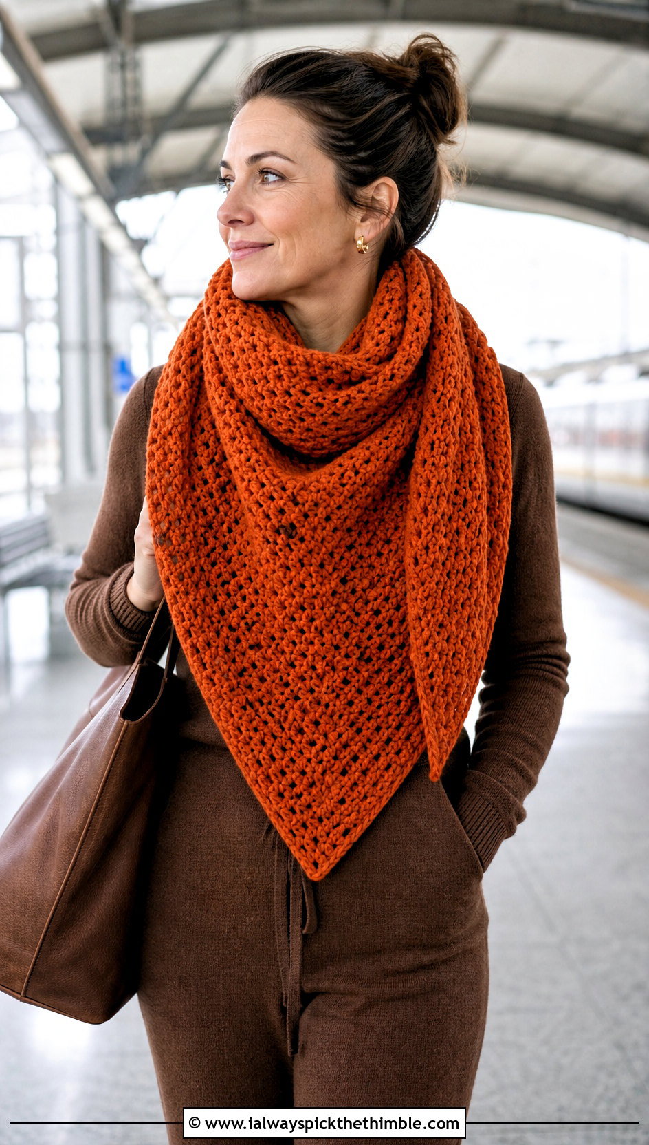 Oversized Crochet Blanket Scarf With Knit Set - 20 autumn crochet scarf outfit ideas