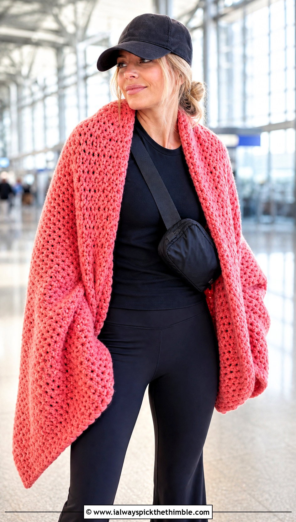 Oversized Crochet Blanket Shawl With Athleisure - 25 quick crochet shawl outfit ideas