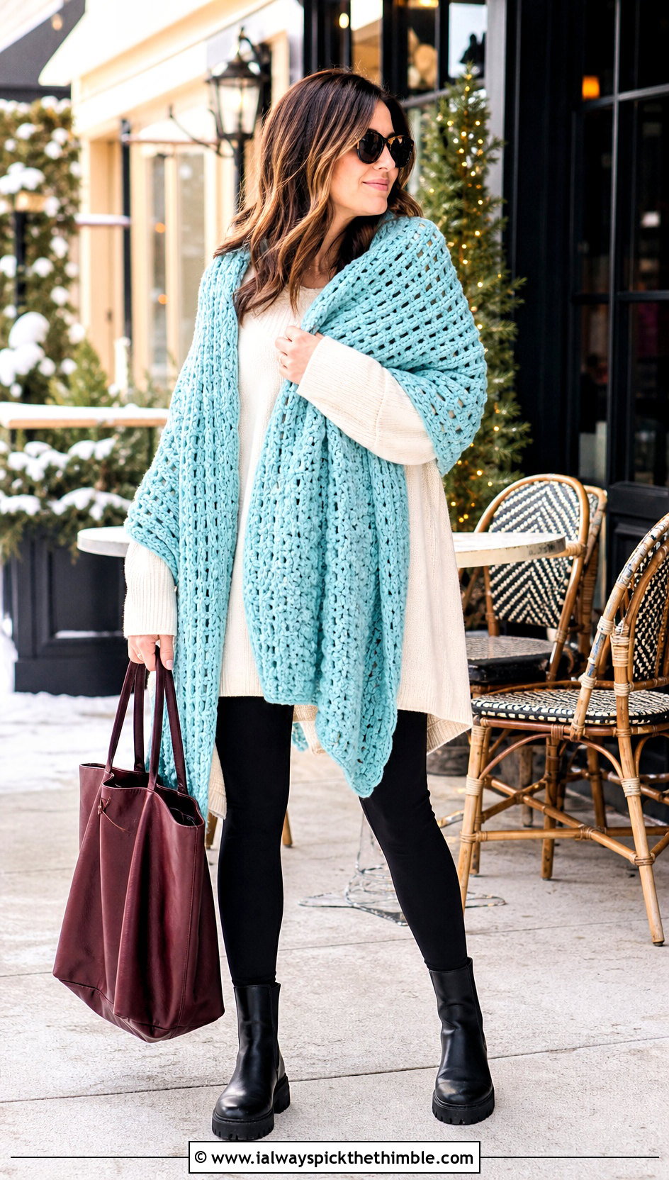 Oversized Crochet Blanket Wrap With Leggings - 25 Crocheted Shawls And Wraps outfit ideas