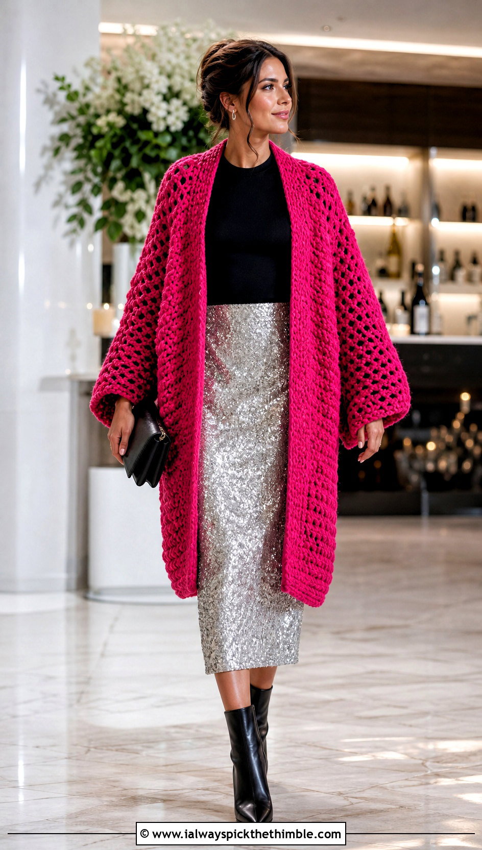 Oversized Crochet Bog Jacket With Sequin Skirt - 25 Crochet Bog Jacket outfit ideas