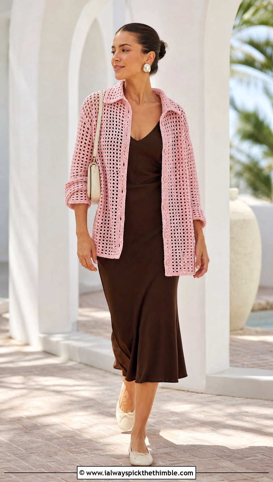 Oversized Crochet Button Up Shirt With Slip Dress - 25 crochet button up shirt outfit ideas
