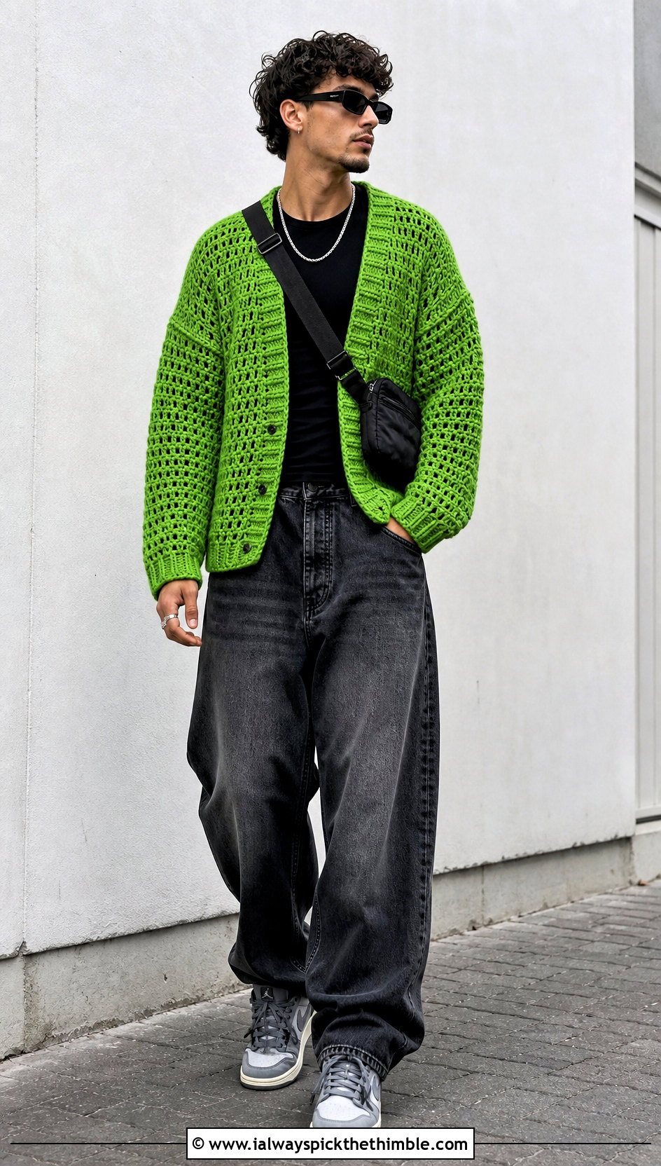 Oversized Crochet Cardigan With Baggy Jeans - 20 men's crochet cardigan outfit ideas