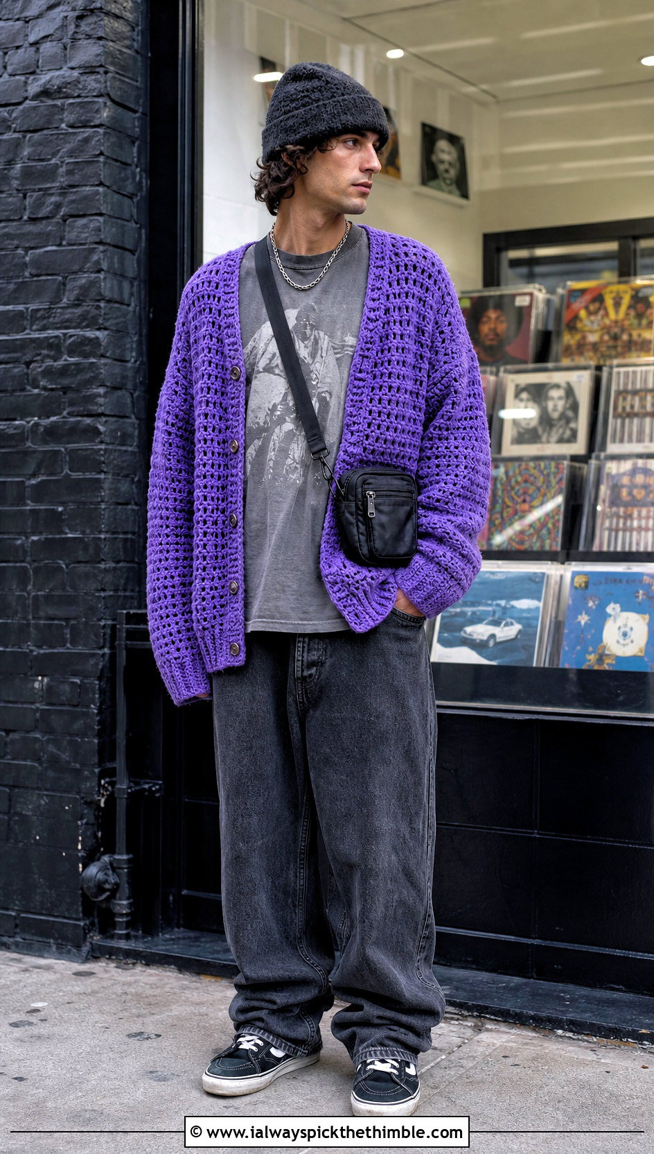Oversized Crochet Cardigan With Graphic Tee And Baggy Jeans - 25 mens crochet cardigan outfit ideas