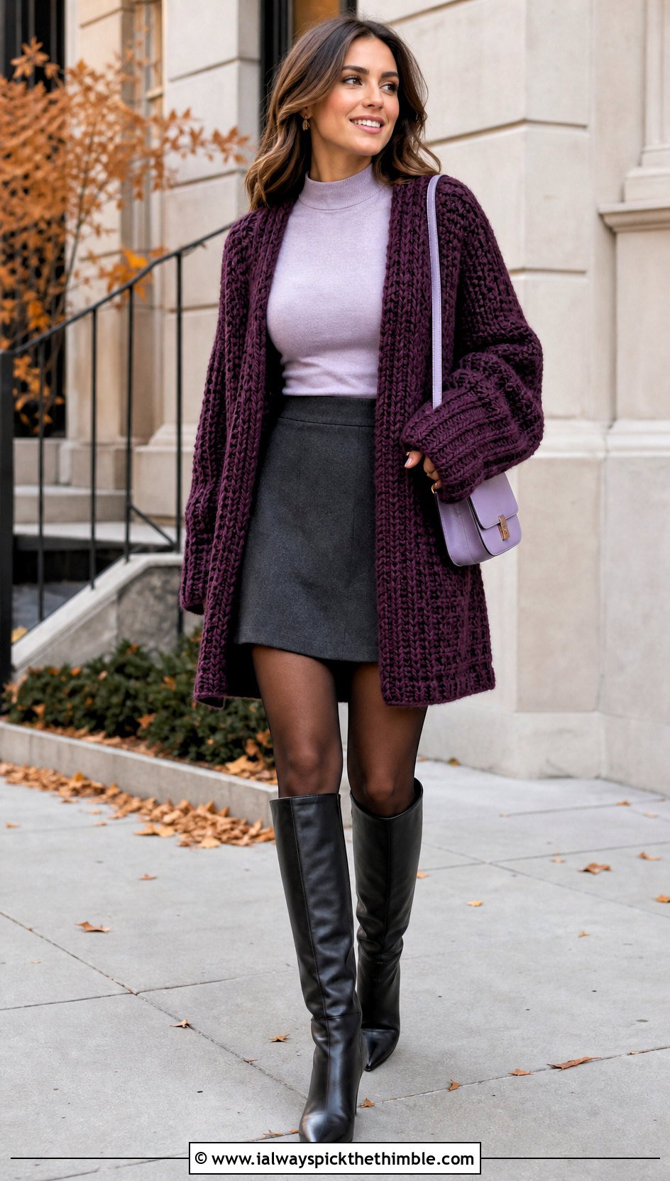 Oversized Crochet Cardigan With Mini Skirt And Boots - 20 crochet women's cardigan outfit ideas