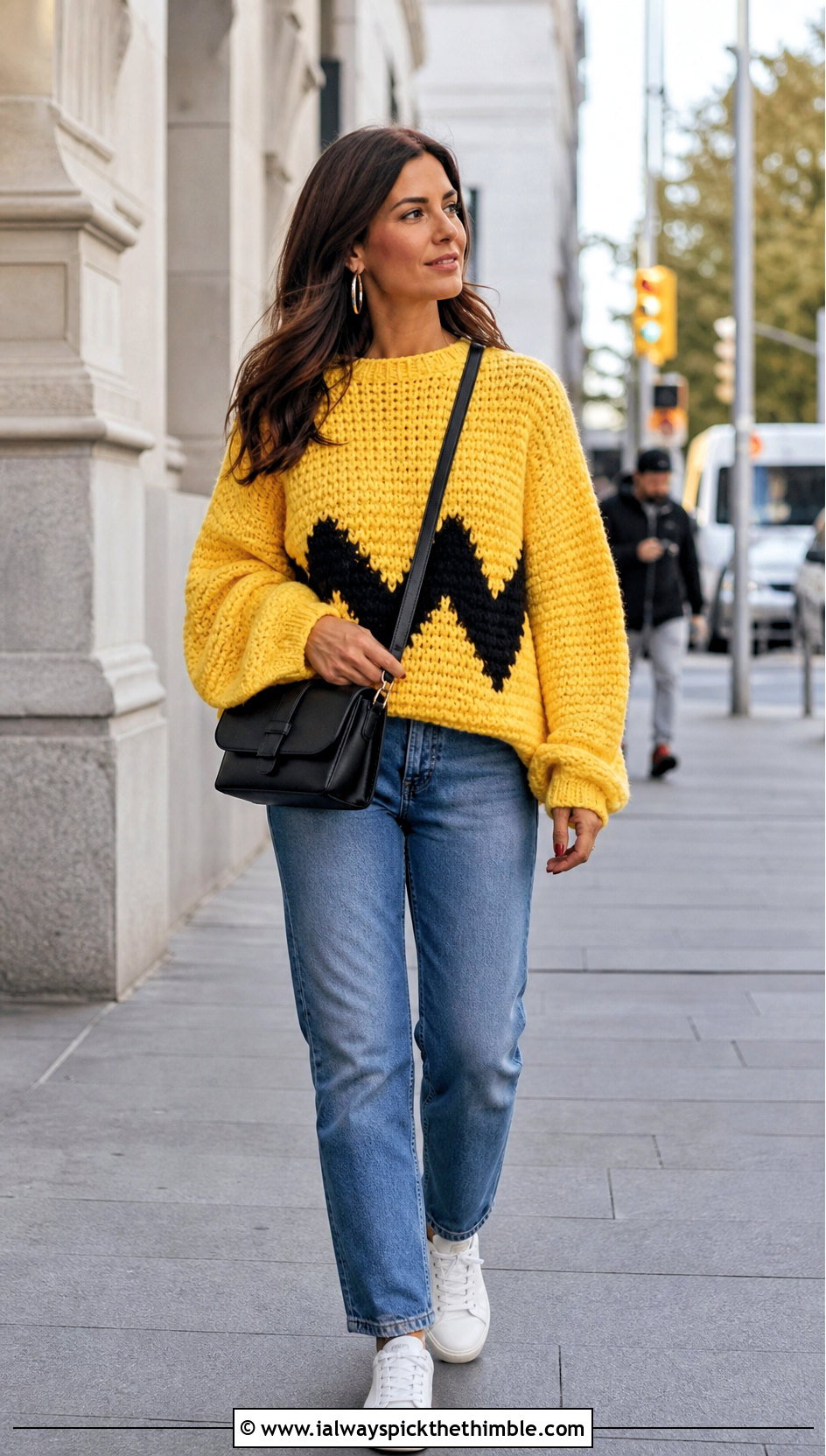 Oversized Crochet Charlie Brown Sweater With Straight Leg Jeans - 15 Crochet Charlie Brown Sweater outfit ideas