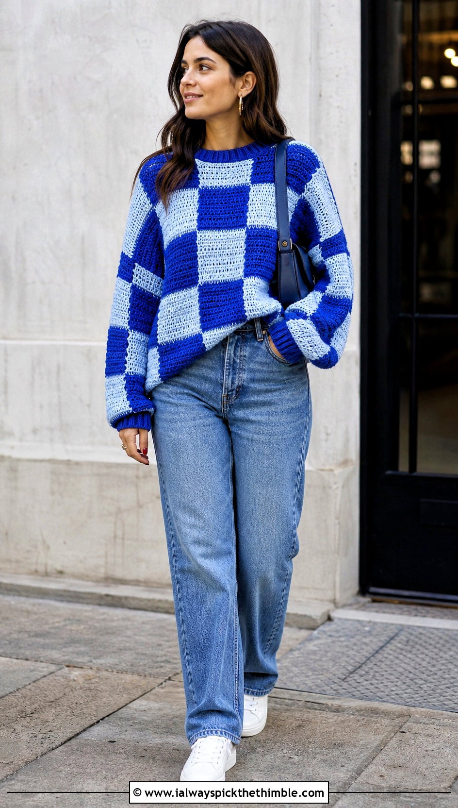 Oversized Crochet Checker Sweater With Straight Leg Jeans - 20 Crochet Checker Sweater outfit ideas