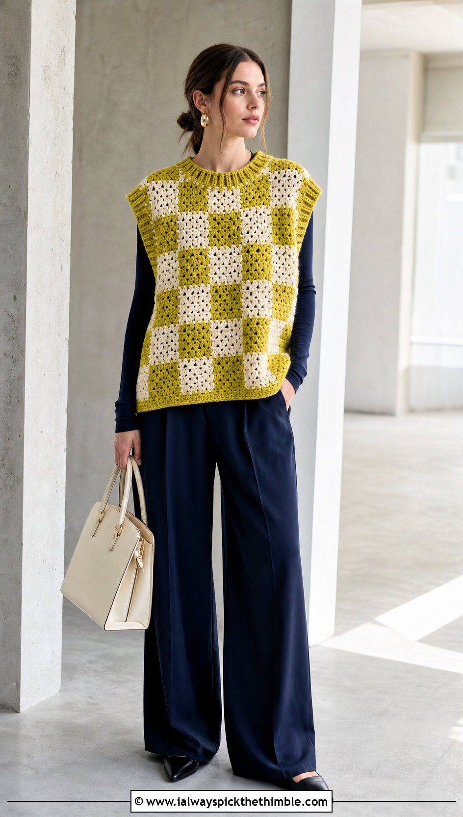 Oversized Crochet Checkered Vest With Wide Leg Trousers - 15 Crochet Checkered Vest outfit ideas