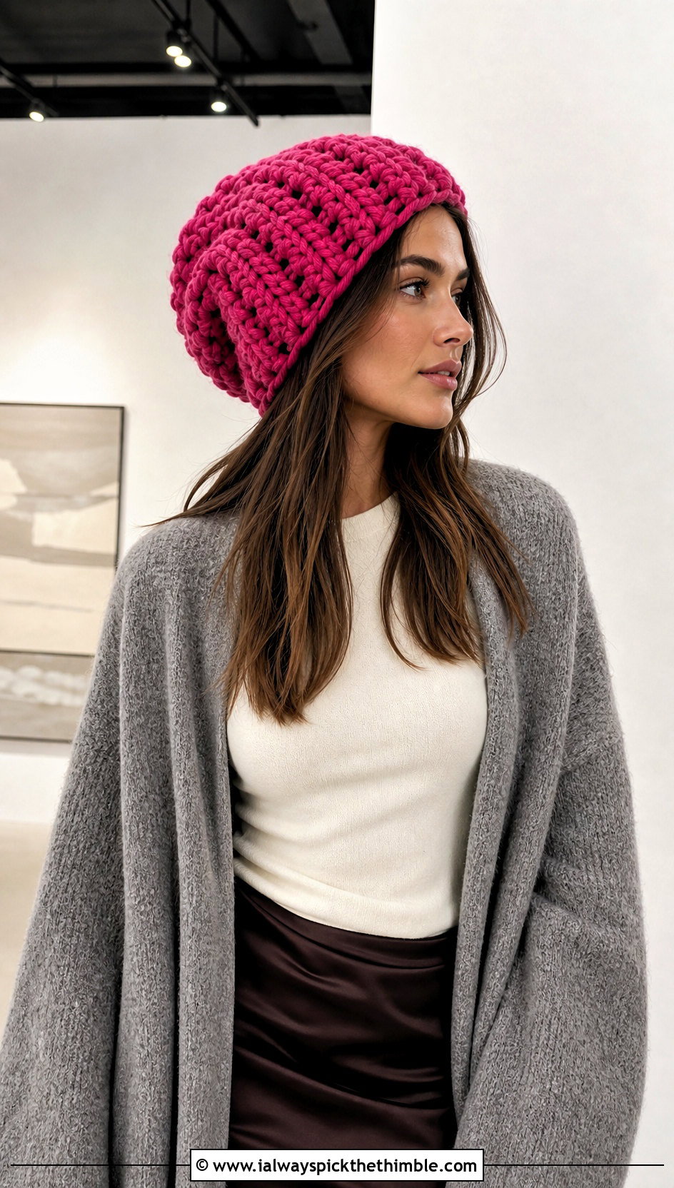 Oversized Crochet Chunky Beanie With Cardigan And Satin Slip Skirt - 25 crochet chunky beanie outfit ideas