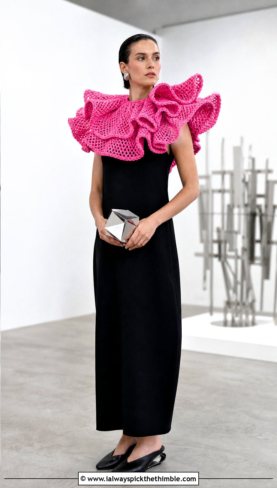 Oversized Crochet Clown Collar With Column Dress And Sculptural Heels - 25 crochet clown collar outfit ideas