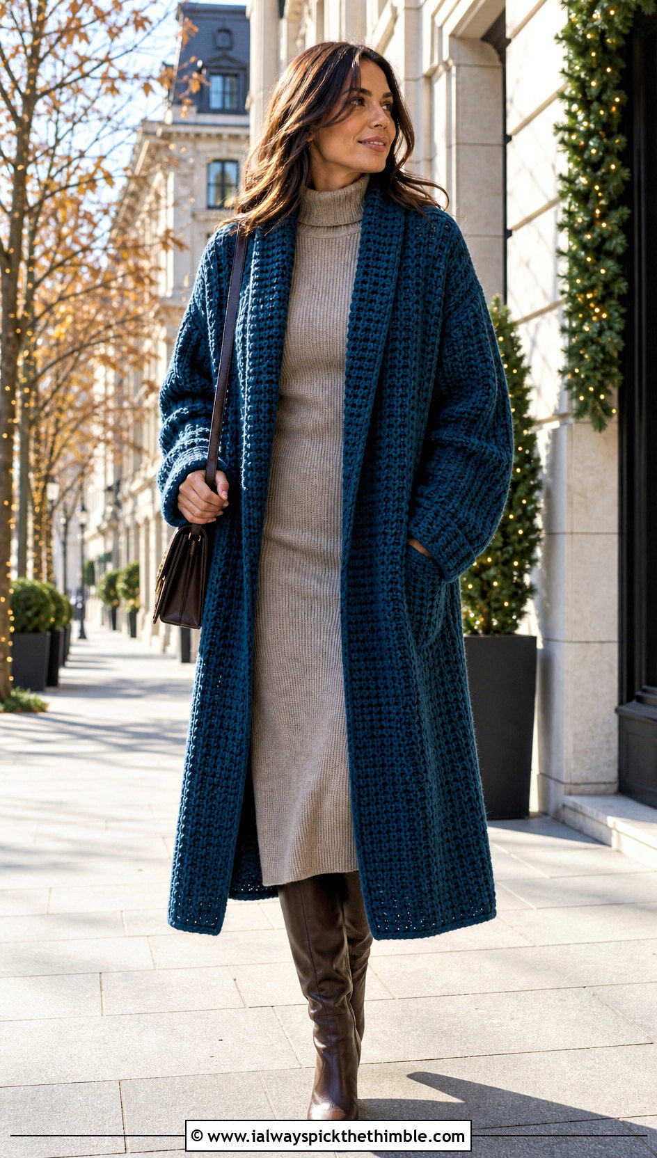Oversized Crochet Coatigan With Knit Midi Dress - 25 oversized crochet cardigan outfit ideas