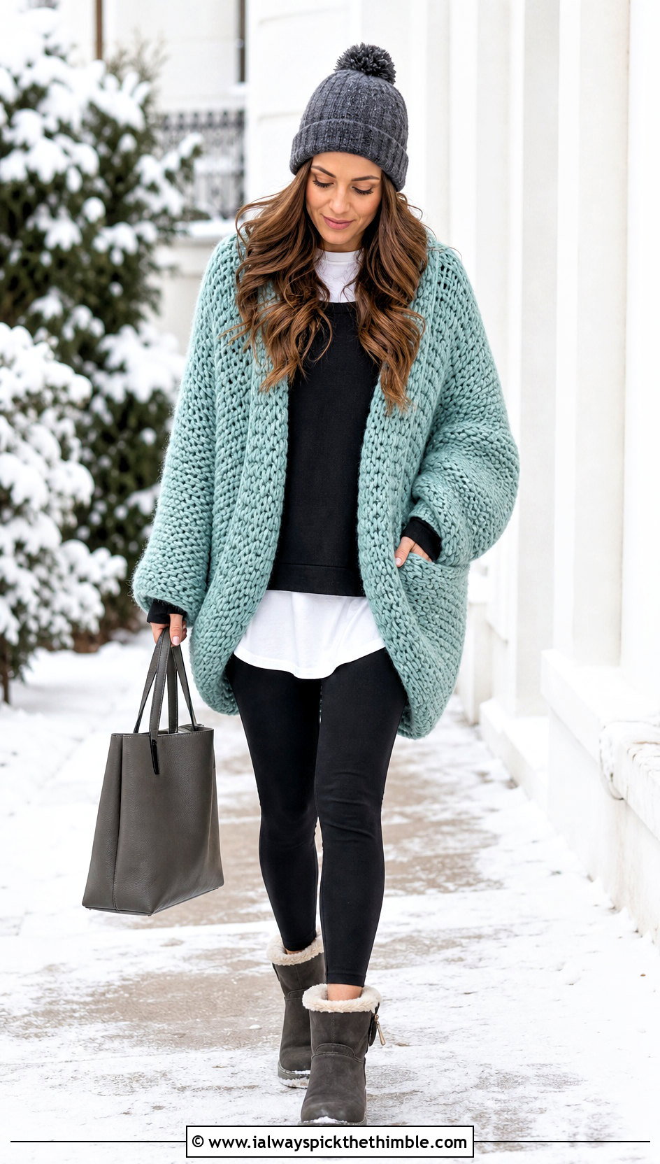 Oversized Crochet Cocoon Jacket With Leggings - 20 crochet winter jacket outfit ideas