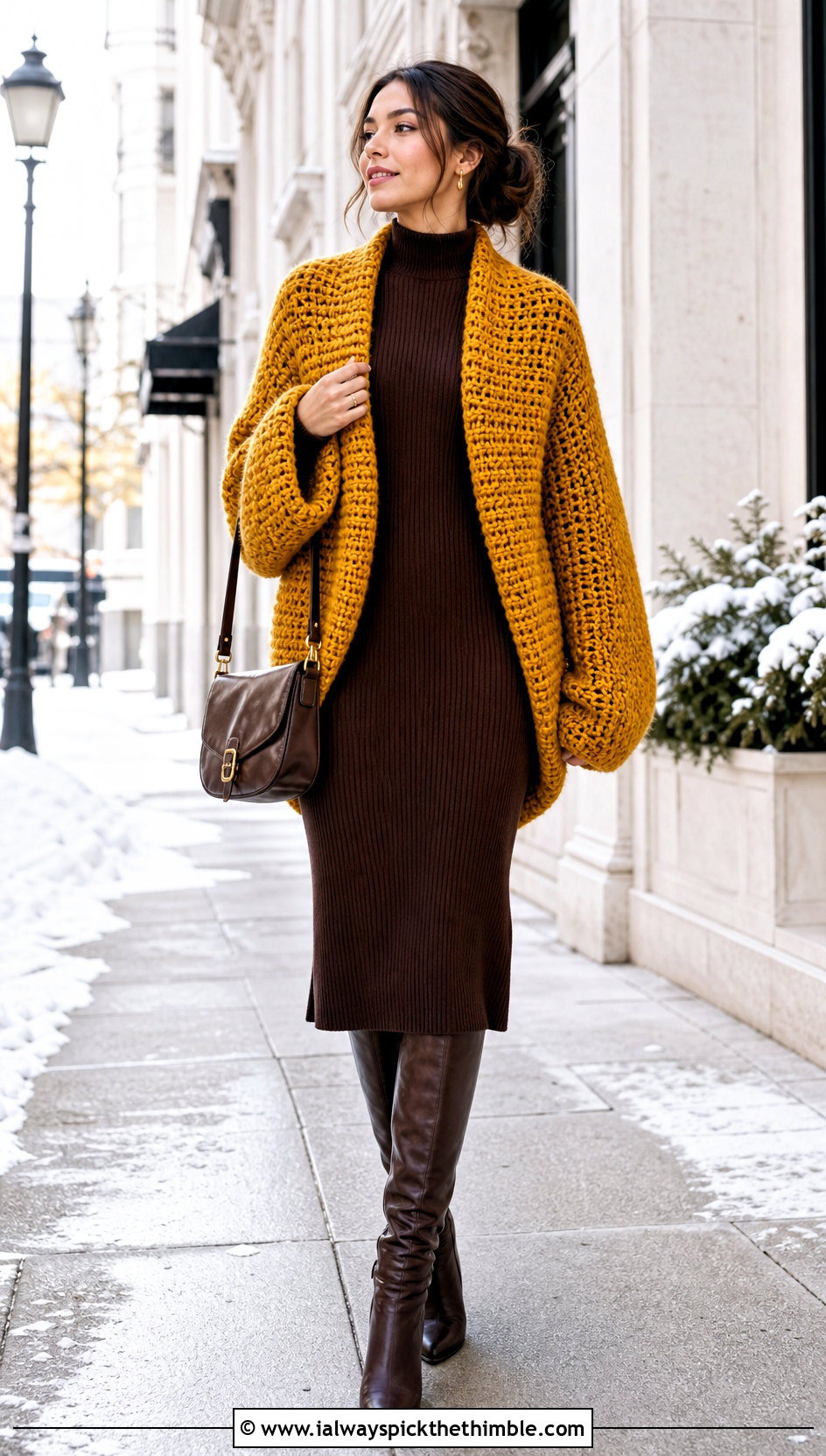 Oversized Crochet Cocoon Shrug With Sweater Dress - 20 Easy Crochet Cocoon Shrug outfit ideas