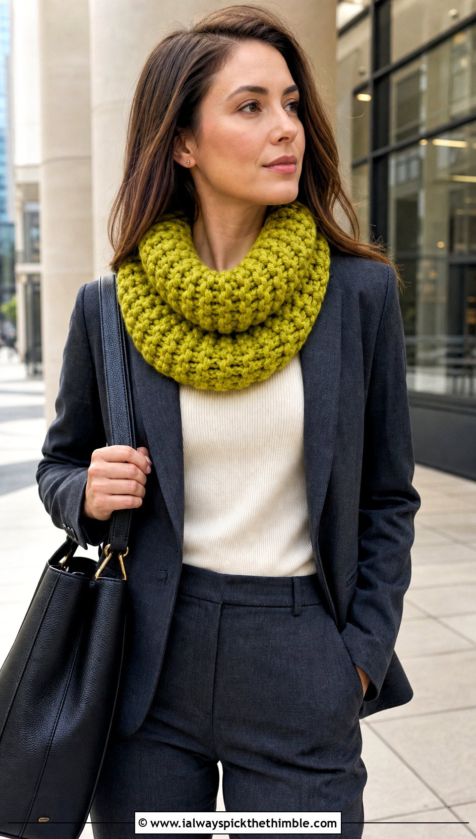 Oversized Crochet Cowl With Tailored Pantsuit - 20 bulky crochet scarf outfit ideas