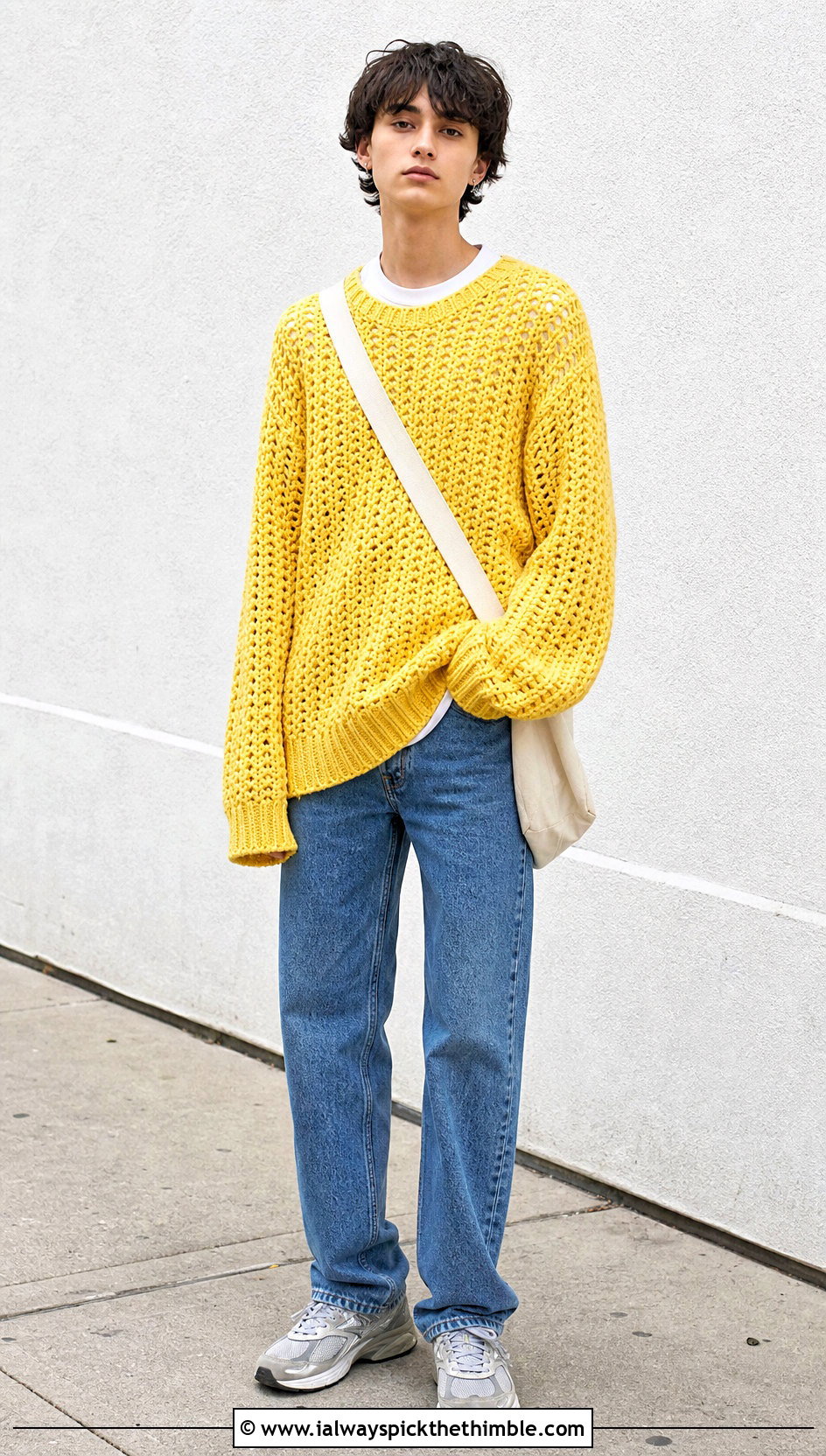 Oversized Crochet Crewneck Sweater With Straight Jeans - 20 Masc Crochet Clothes and outfit ideas