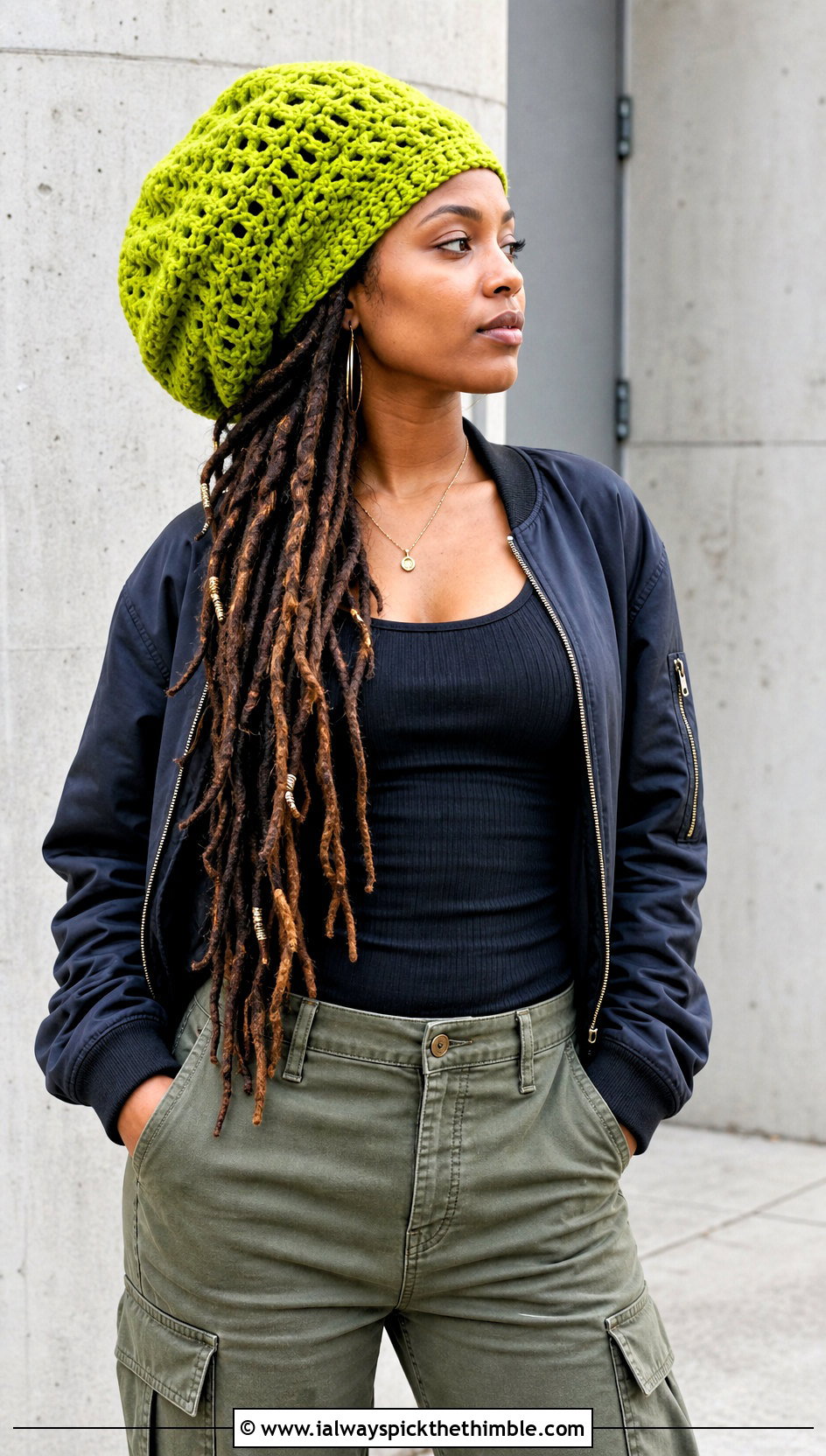 Oversized Crochet Dreadlock Tam With Bomber Jacket And Cargo Pants - 15 Crochet Bob Marley Hat outfit ideas