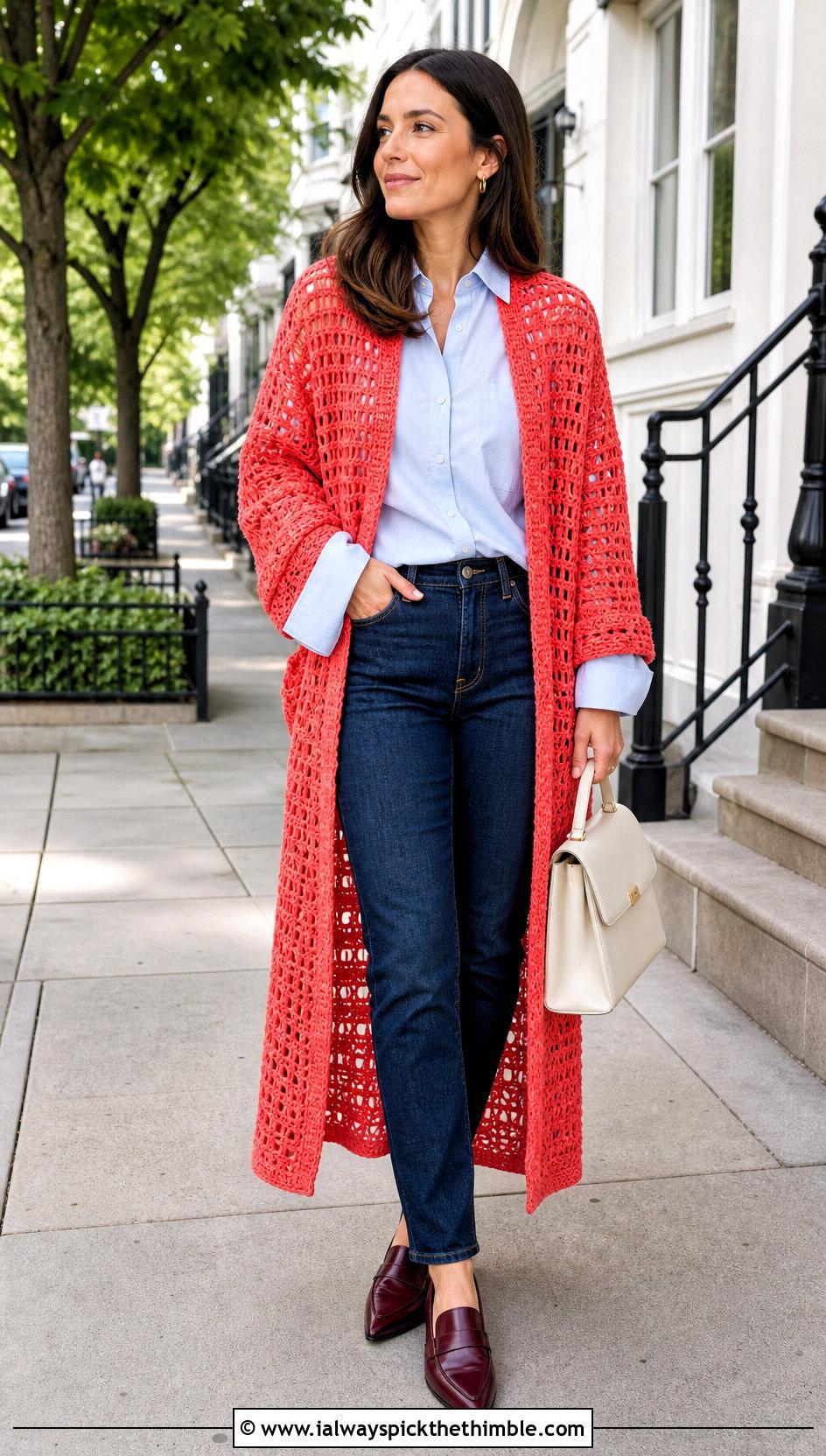 Oversized Crochet Duster With Button Down Shirt And Jeans - 25 crochet long jacket outfit ideas