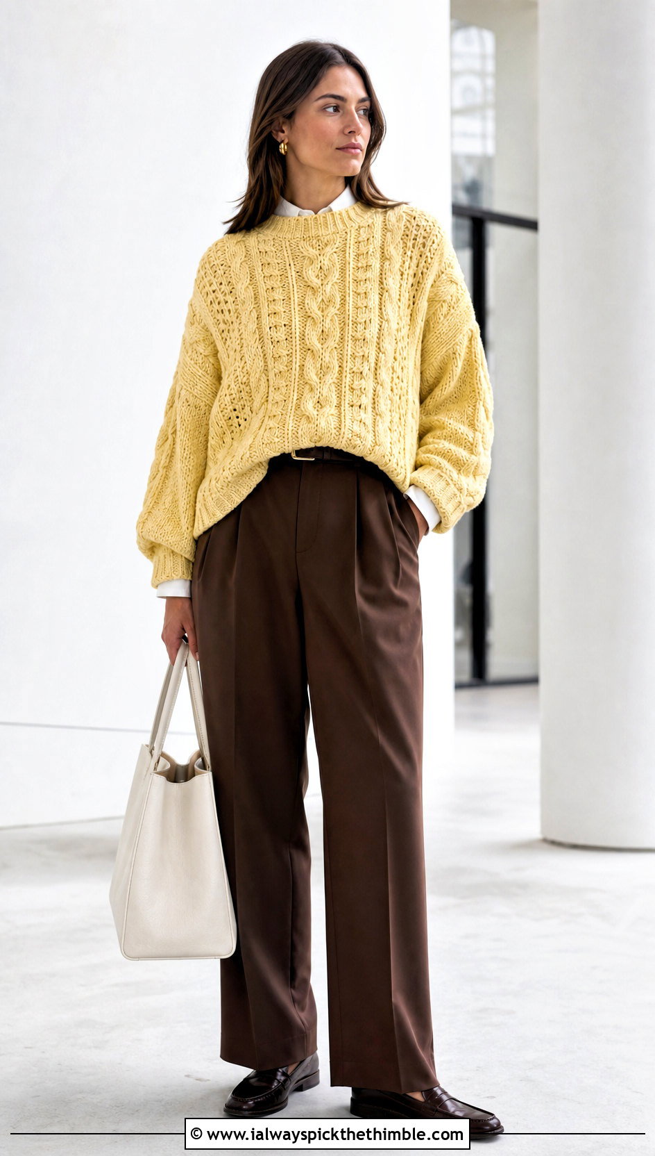 Oversized Crochet Fisherman Sweater With Tailored Trousers - 20 crochet fisherman sweater outfit ideas