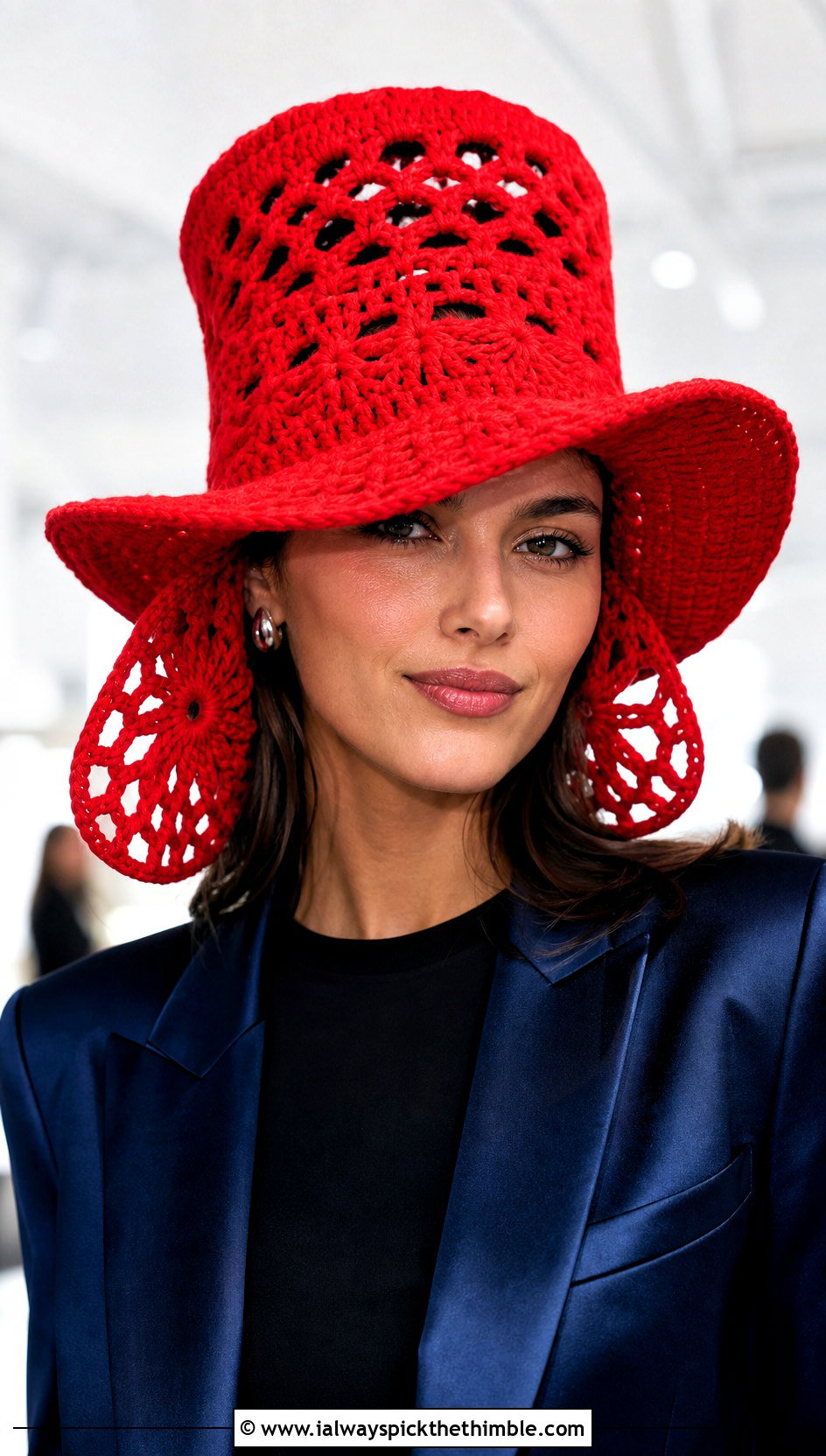 Oversized Crochet Flap Hat With Satin Blazer - 20 crochet flap hat outfit ideas