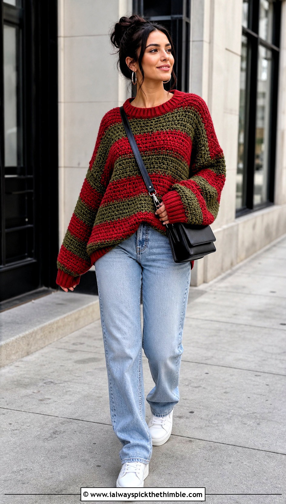 Oversized Crochet Freddy Krueger Sweater With Straight Jeans - 20 crochet freddy krueger sweater outfit ideas