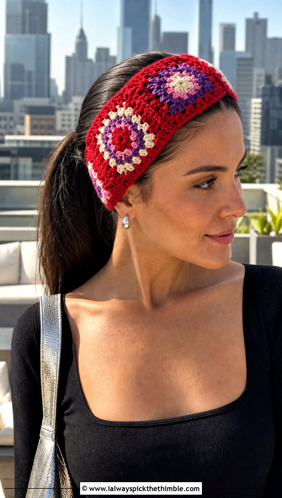 Oversized Crochet Granny Square Headband With Party Outfit - 15 Crochet Granny Square Headband outfit ideas