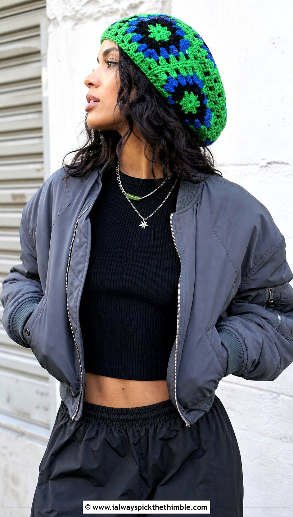 Oversized Crochet Granny Square Tam Beret With Cargo Pants - 20 Crochet Granny Square Beret outfit ideas