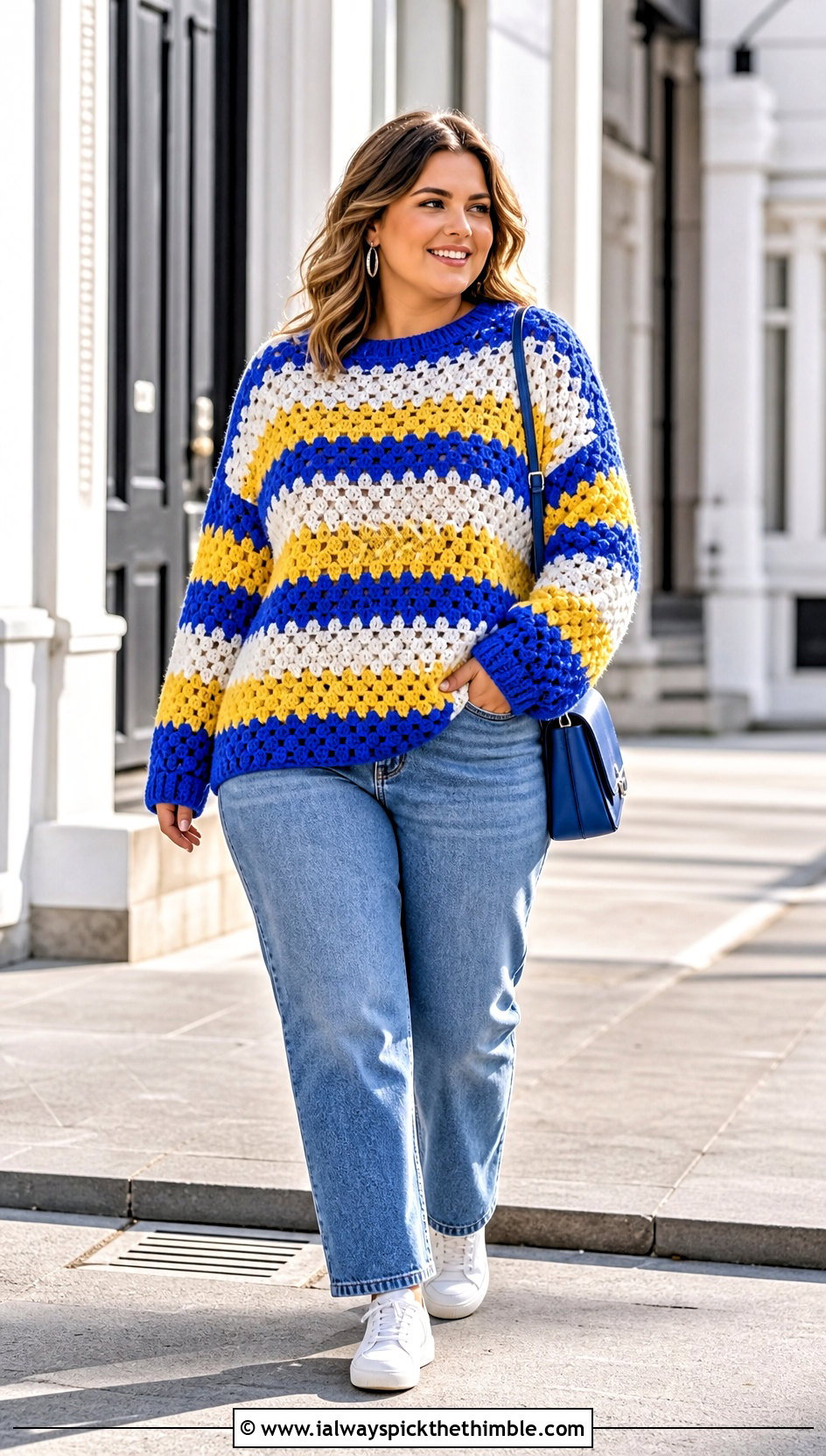 Oversized Crochet Granny Stripe Sweater With Straight Jeans - 20 Crochet Granny Stripe Sweater outfit ideas