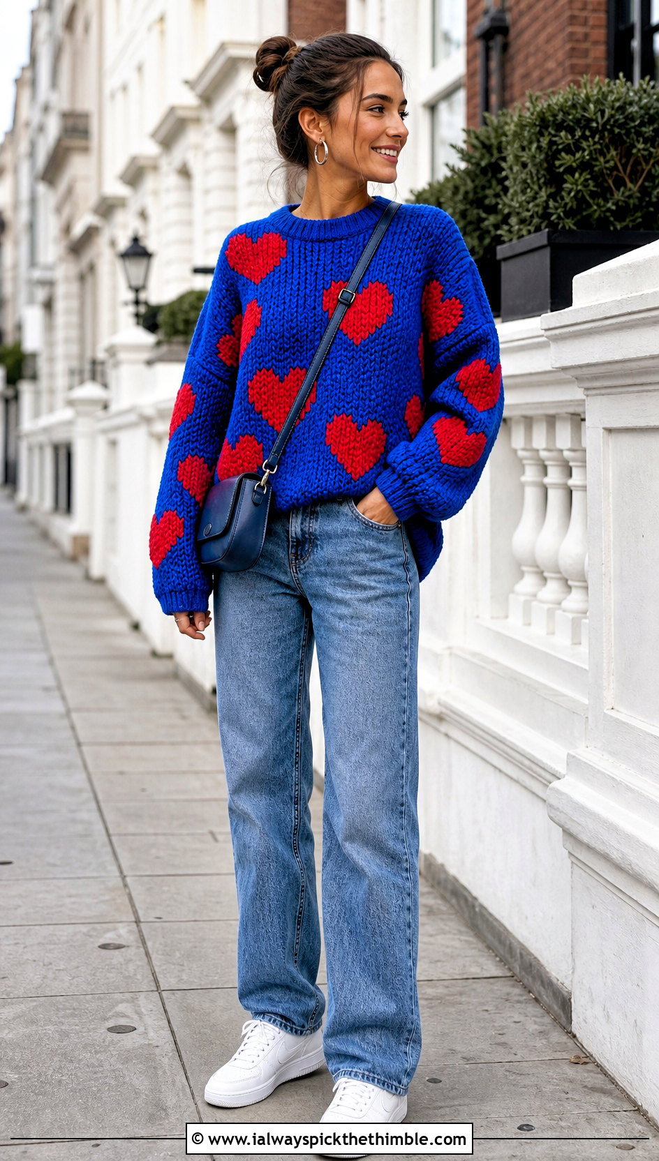 Oversized Crochet Heart Jumper With Straight Leg Jeans - 20 crochet heart jumper outfit ideas