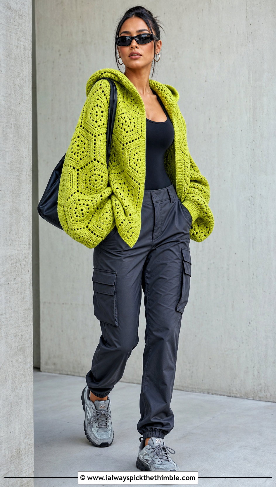 Oversized Crochet Hexagon Hoodie With Cargo Pants - 20 crochet hexagon hoodie outfit ideas