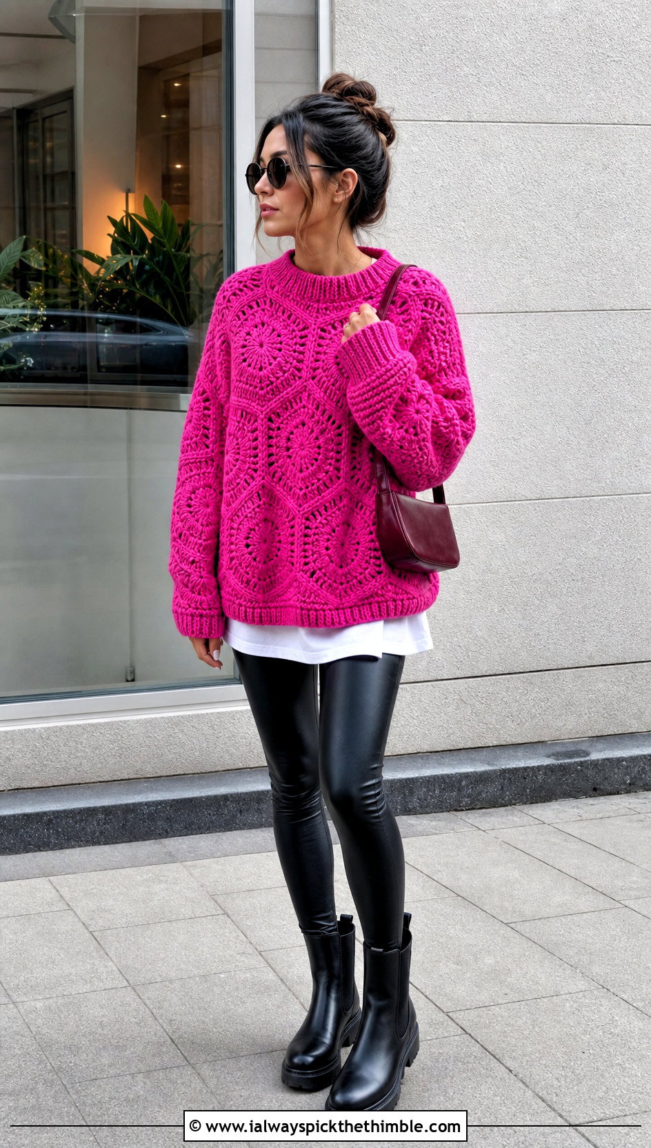 Oversized Crochet Hexagon Jumper With Leather Leggings - 20 crochet hexagon jumper outfit ideas