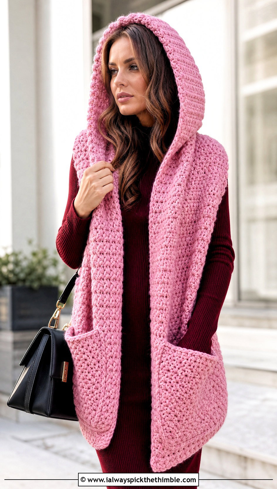 Oversized Crochet Hooded Pocket Scarf With Sweater Dress - 20 crochet hooded pocket scarf outfit ideas