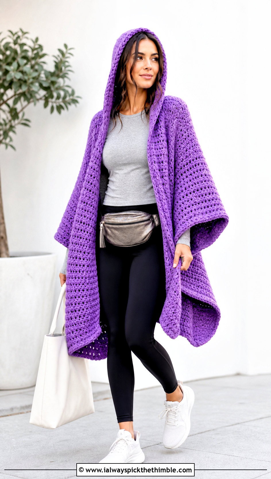 Oversized Crochet Hooded Poncho With Leggings - 25 Crochet Hooded Poncho outfit ideas